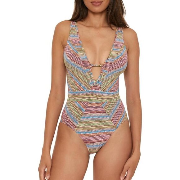 BECCA Women's Delilah Clare shimmer Plunge Neck One-Piece Swimsuit Size Large - Picture 1 of 14